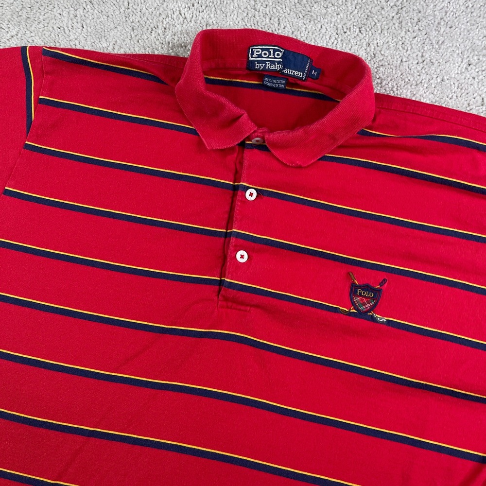 Vintage Polo Ralph Lauren Polo Shirt Mens Medium Red Striped Golf Crest Preppy